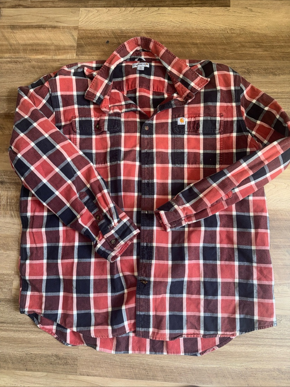 Carhartt Men’s Red and Black Plaid Button-Down Work Shirt